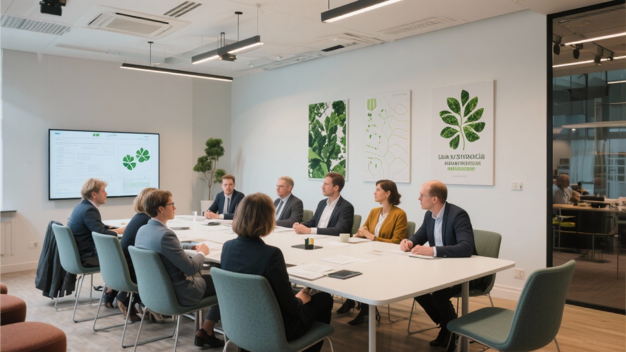 Interieur van een moderne vergaderruimte in Amsterdam waar milieukundigen en beleidsadviseurs gezamenlijk een projectoverleg houden over duurzame ontwikkeling