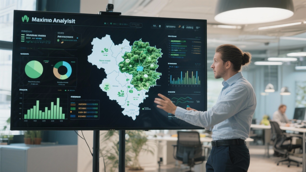 Detailfoto van een analist die een milieumodel bespreekt op een groot scherm met kaarten en grafieken in een duurzaam kantoorinterieur