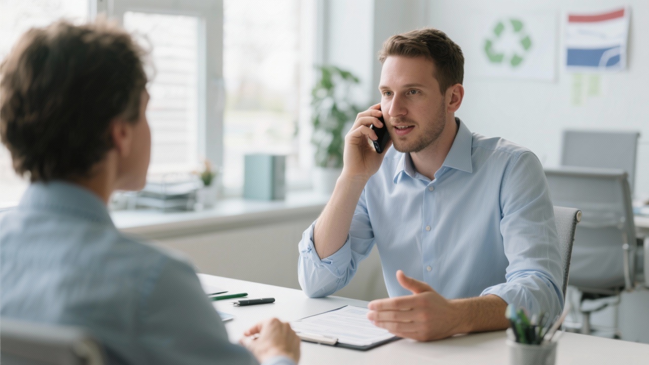 Adviseur die in een lichte kantooromgeving telefonisch overleg voert met een opdrachtgever over milieuvraagstukken in Nederland