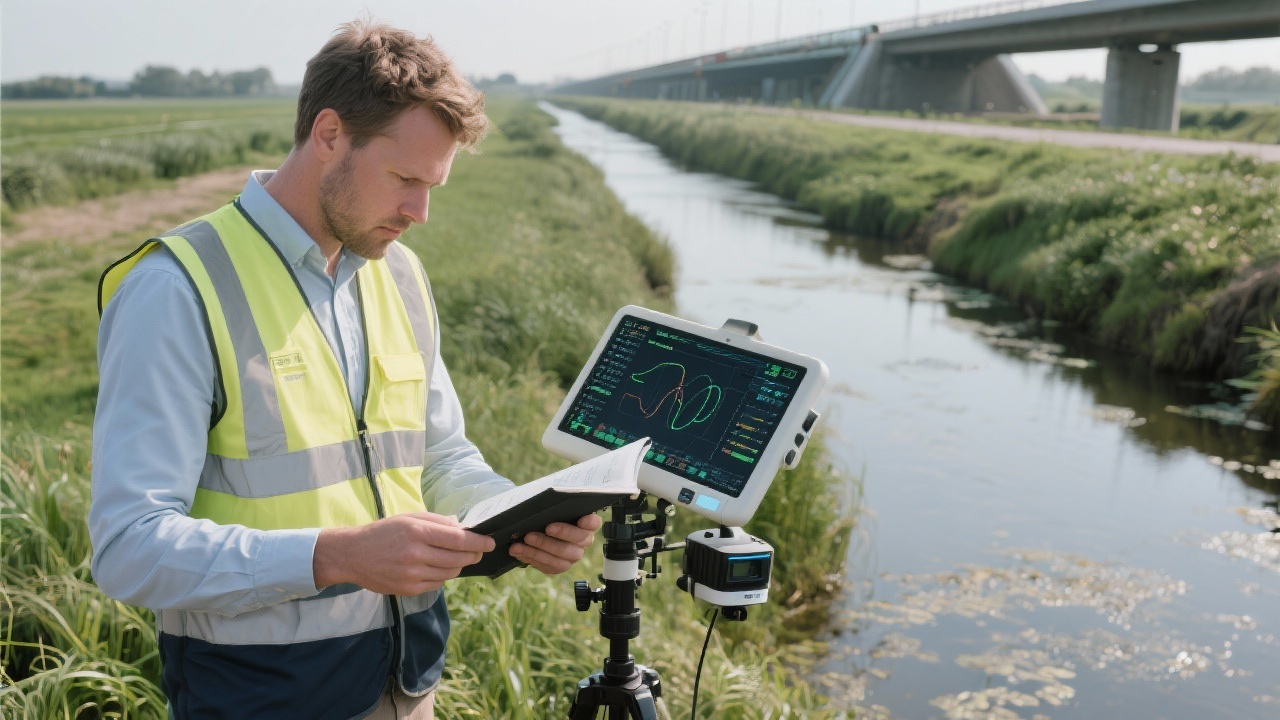Ingenieur die sensorgegevens uitleest nabij een watergang tijdens een milieucontrole voor een Nederlands infrastructuurproject