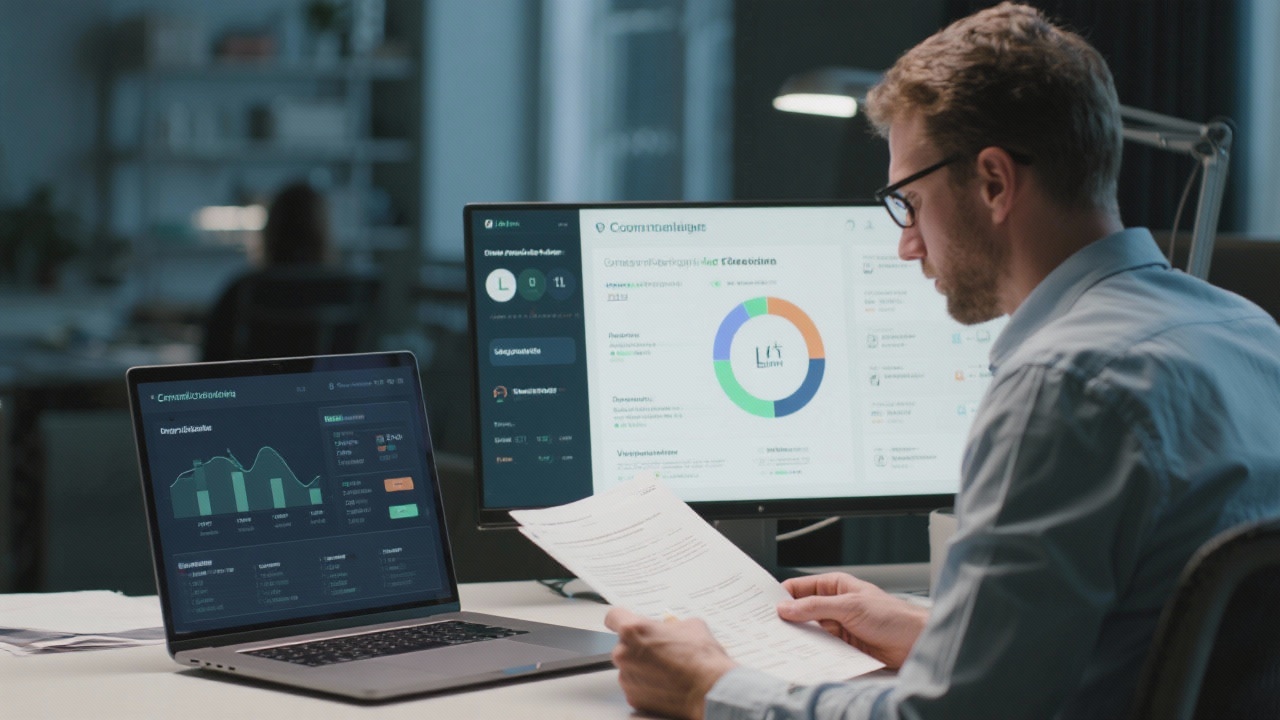 Milieuspecialist die vergunningsdocumenten controleert naast een laptop met een compliance-dashboard en juridische referenties op het scherm